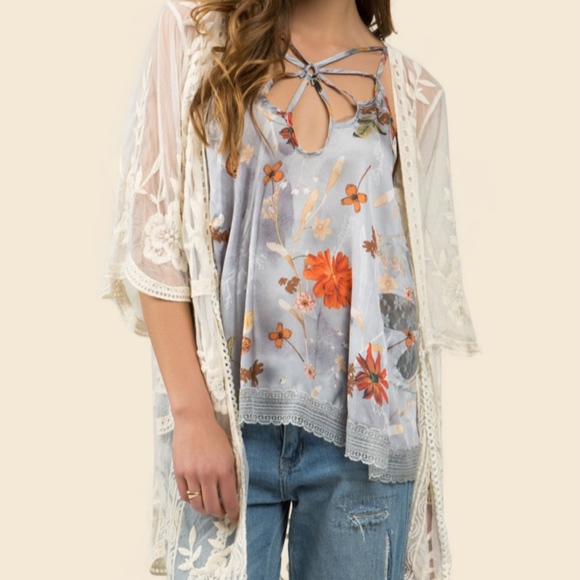 Boho Themed Kimono Style Cardigan Natural Color - Picture 2 of 7